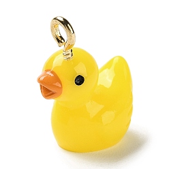 Yellow Opaque Resin Cartoon Pendants, Duck Charms with Platinum Tone Iron Loops, Yellow, 21.5x17x11.5mm, Hole: 2.3mm