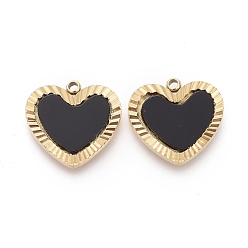 Black 316 Surgical Stainless Steel Charms, with Acrylic, Stripe Heart, Golden, Black, 11x12x1.5mm, Hole: 1.2mm