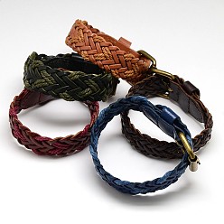 Mixed Color Trendy Unisex Casual Style Braided Hemp and Leather Wristband Bracelets, with Iron Watch Band Clasps, Antique Bronze, Mixed Color, 250x19x4mm