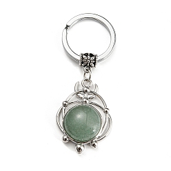 Aventurine Verte Porte-clés pendentif aventurine verte naturelle, plat rond, avec les accessoires en laiton, argent antique et platine, 65~66mm