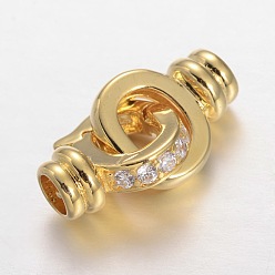 Golden Brass Micro Pave Cubic Zirconia Interlocking Clasps, Cadmium Free & Lead Free, Golden, 23x11x6mm, Hole: 4mm