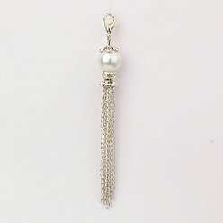 Blanc Perle en verre pendentif pompon décorations, avec des chaînes de fer, laiton perles de strass et de langoustine d'alliage fermoirs griffe, blanc, 90~95mm