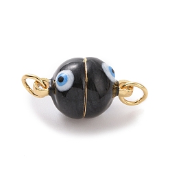 Black Brass Magnetic Clasps, with Enamel, Round with Evil Eye, Real 18K Gold Plated, Black, 16x10mm, Hole: 3mm