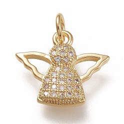 Real 18K Gold Plated Brass Micro Pave Clear Cubic  Zirconia Pendants, with Jump Rings, Angel, Real 18K Gold Plated, 14x16x2.5mm, Jump Ring: 5x1mm, 3mm Inner Diameter