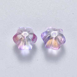 Lilas Perles de verre peintes par pulvérisation transparentes deux tons, avec de la poudre de paillettes, fleur, lilas, 10.5x9.5x8mm, Trou: 1mm