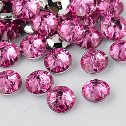 Camellia 2-Hole Taiwan Acrylic Rhinestone Flat Round Buttons, Faceted & Silver Plated Pointed Back, Camellia, 10x4mm, Hole: 1mm