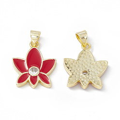 Red Rack Plating Brass Enamel Pendants, Micro Pave Clear Cubic Zirconia, Long-Lasting Plated, Lead Free & Cadmium Free, Real 18K Gold Plated, Lotus Charm, Red, 19x16x3mm, Hole: 4x3.5mm