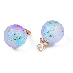 Dodger Blue Two Tone Transparent Spray Painted Glass Pendants, with Light Gold Plated Brass Loop, Frosted, with Glitter Powder, Round, Dodger Blue, 12x8mm, Hole: 2mm