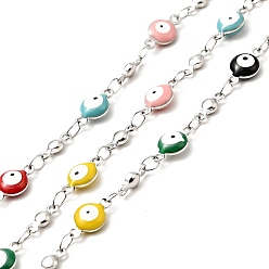 Colorful Enamel Flat Round with Evil Eye Link Chains, with Stainless Steel Color Plated 304 Stainless Steel Findings, Unwelded, with Spool, Colorful, 11x6x3mm, 8x3x2mm