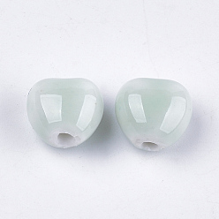Cyan Clair Perles en porcelaine manuelles, style de porcelaine émaillée lumineux, cœur, cyan clair, 10.5~11.5x11.5~12.5x8.5~9mm, Trou: 1.5~2mm