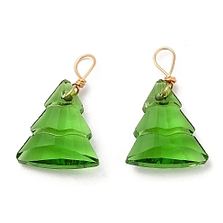 Lime Glass Pendants, with Light Gold Brass Loops, Christmas Tree Charms, Lime, 21~22x13~13.5x5~5.5mm, Hole: 5x3.5mm
