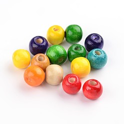 Mixed Color Natural Wood Beads, Round,Dyed, Mixed Color, 9x10mm, Hole: 3.5mm, about 3000pcs/1000g