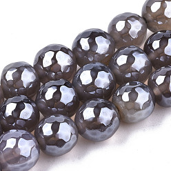 Rosy Brown Electroplate Natural Agate Beads Strands, Dyed, Faceted, Pearl Luster Plated, Round, Rosy Brown, 10.5mm, Hole: 1.2mm, about 36~37pcs/strand, 14.37 inch~14.57 inch(36.5cm~37cm)