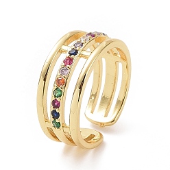 Oro Anillo de puño abierto de tres líneas con circonitas cúbicas de colores, joyas de latón para mujer, dorado, tamaño de EE. UU. 7 1/4 (17.5 mm)
