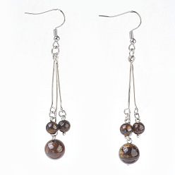Tiger Eye Natural Tiger Eye Dangle Earrings, with 304 Stainless Steel Earring Hooks and Iron Eye Pins, Round, 77~78mm, Pendant: 57~58mm, Pin: 0.6mm