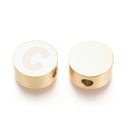 Letter C 304 Stainless Steel Beads, Flat Round with Letter, Letter.C, 10x4.5mm, Hole: 2mm