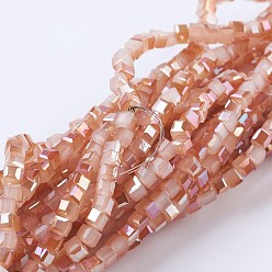 Orange Electroplate Glass Beads Strands, Imitation Jade, Half Rainbow Plated, Faceted, Cube, Orange, 2~2.5x2~2.5x2~2.5mm, Hole: 0.5mm, about 195~200pcs/strand, 16.9~17.5 inch(43~44.5cm)