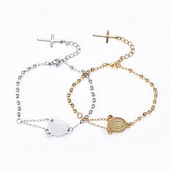 Mixed Color 304 Stainless Steel Charm Bracelets, Religion Theme, Oval and Cross, Rosary Center Pieces, Mixed Color, 6-3/4 inch(17~17.25cm), 2.8mm