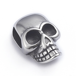 Antique Silver Retro 304 Stainless Steel Slide Charms/Slider Beads, for Leather Cord Bracelets Making, Skull, Antique Silver, 22x14x9mm, Hole: 4x8mm