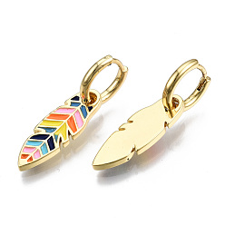 Colorful Brass Enamel Huggie Hoop Earrings, Nickel Free, Feather, Real 16K Gold Plated, Colorful, 32x8mm, Pin: 1mm