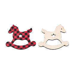 Red Single-Sided Printed Wood Big Pendants, Rocking Horse Charm with Tartan Pattern, Red, 70x79x2.5mm, Hole: 2mm