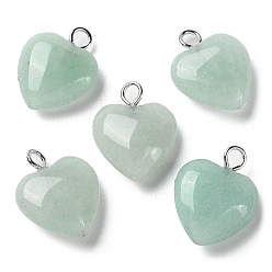 Green Aventurine Natural Green Aventurine Pendants, Heart Charms with Platinum Plated Brass Loops, 14.8~15x12x4.1~4.6mm, Hole: 2mm
