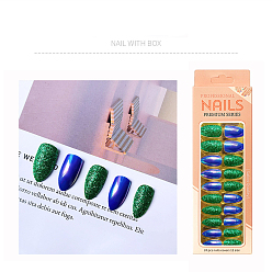 Blue Plastic Full Cover Press on False Nail Tips, Nail Art Detachable Manicure, solid Nails & Glitter Nails, Teardrop, Blue, 19~25x11.5~20mm, 24pcs/box