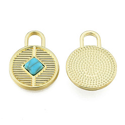 Deep Sky Blue Rack Plating Alloy Pendants, with Synthetic Turquoise, Cadmium Free & Nickel Free & Lead Free, Light Gold, Flat Round, Deep Sky Blue, 23x17x4mm, Hole: 4.5x4.5mm