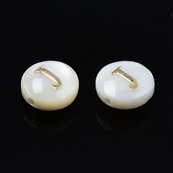 Letter J Natural Freshwater Shell Beads, with Golden Plated Brass Etched Metal Embellishments, Flat Round with Letter, Seashell Color, Letter.J, 6x4mm, Hole: 0.8mm