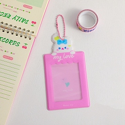 Rabbit Plastic Photocard Sleeve Keychain, with Rectangle Clear Window and Random Color Ball Chains, Rectangle, Pearl Pink, Rabbit Pattern, 104x76mm, Inner Diameter: 94x70mm