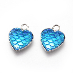 Deep Sky Blue 304 Stainless Steel Pendants, with Resin, Heart with Fish Scale Shape, Stainless Steel Color, Deep Sky Blue, 16x13x3.5mm, Hole: 2mm