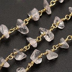 Quartz Crystal Handmade Crystal Chip Beaded Chains, Unwelded, with Spool, with Golden Plated Brass Findings, 4~9x11x2~8mm, about 32.8 Feet(10m)/roll