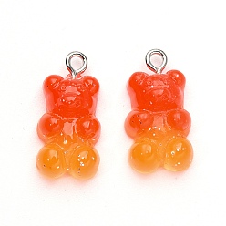 Orange Red Gradient Color Opaque Resin Pendants, with Glitter Powder and Platinum Tone Iron Peg Bails, Bear, Orange Red, 21x11x6.5mm, Hole: 2.0mm