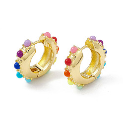 Golden Colorful Resin Beaded Hoop Earrings, Brass Jewelry for Women, Golden, 21x23.5x6mm, Pin: 0.9mm
