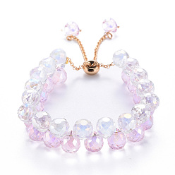 Rose Nacré Bracelets coulissants en perles de verre à facettes étincelantes pour adolescentes femmes, or, perle rose, diamètre intérieur: 1-3/4~2-3/4 pouce (4.5~7 cm)