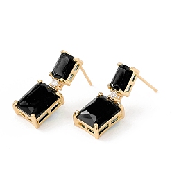 Black Black Cubic Zirconia Rectangle Dangle Stud Earrings, Real 18K Gold Plated Brass Jewelry for Women, Lead Free & Cadmium Free, Black, 22mm, Pin: 0.8mm