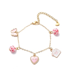 Pink Mot amour coeur papillon alliage émail bracelet à breloques avec perles de résine, bijoux thème saint valentin pour femme, rose, 6-3/4 pouce (17.2 cm)