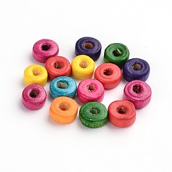 Mixed Color Natural Wood Beads, Flat Round, Mixed Color, Lead Free, Dyed, about 11560pcs/1000g, 8x3mm, hole: about 2mm