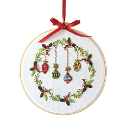 White Christmas Themed DIY Embroidery Sets, Including Imitation Bamboo Embroidery Frame, Iron Pins, Embroidered Cloth, Cotton Colorful Embroidery Threads, White, 30x30x0.05cm