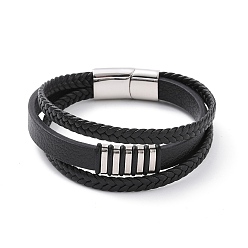 Stainless Steel Color Microfiber Multi-strand Bracelets, Braided Cord Bracelets for Men Women, with 304 Stainless Steel Magnetic Clasps & Beads, Stainless Steel Color, 8-1/2 inch(21.5cm)