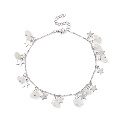 Pierre De Lune Bracelet de cheville éclats de pierre de lune blanche naturelle et breloques étoiles, 304 bijoux en acier inoxydable pour femmes, 9~9-1/8 pouce (22.8~23 cm)