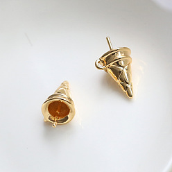 Golden Brass Ice Cream Cone Peg Bail Pin Charms, for Half Drilled Baroque Pearl Making, Golden, 21x12mm, Hole: 1.4mm, Pin: 1mm
