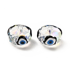 Negro Perlas de vidrio transparentes, con esmalte, facetados, rondelle con patrón de mal de ojo, negro, 10x7.5 mm, agujero: 1.5 mm