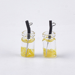 Yellow Glass Bottle Pendants, with Resin, Plastic and Iron Findings, Fruit Tea Charms, Platinum, Yellow, 25~28x10mm, Hole: 1.8mm