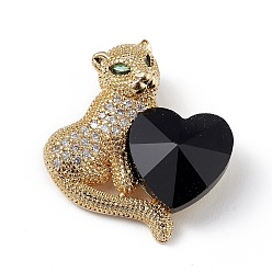 Black Real 18K Gold Plated Rack Plating Brass Micro Pave Clear Cubic Zirconia Pendants, with Glass, Long-Lasting Plated, Cadmium Free & Lead Free, Leopard with Heart Charm, Black, 24x22x8mm, Hole: 5x3mm
