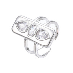 Прозрачный Прямоугольное открытое кольцо-манжета из кубического циркония, настоящее платиновое латунное широкое кольцо с двумя линиями для женщин, без никеля , прозрачные, размер США 7 1/4 (17.5 мм)