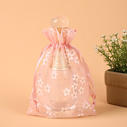 Misty Rose Rectangle Organza Drawstring Bags, Embroidery Flower Pattern, Misty Rose, 14x10cm