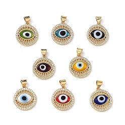 Mixed Color Lampwork Evil Eye Pendants with Clear Cubic Zirconia, Real 18K Gold Plated Brass Findings, Lead Free & Cadmium free, Mixed Color, 18x16x4mm, Hole: 3x3.5mm