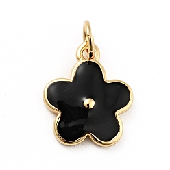 Black Rack Plating Brass Enamel Charms, with Jump Rings, Cadmium Free & Lead Free, Real 18K Gold Plated, Flower, Black, 14.5x12x1.3mm, Hole: 3.3mm