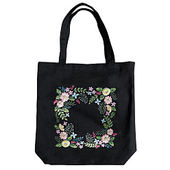 Negro Kit de bordado de bolso de mano con patrón de marco de flores diy, incluyendo agujas de bordar e hilo, tela de algodón, aro de bordado de plástico, negro, 390x340 mm